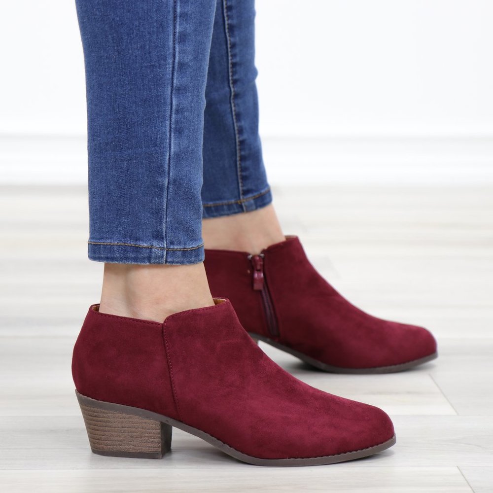 Vegan Suede Fall Color  Burgundy Ankle Booties - Picture 5 of 10